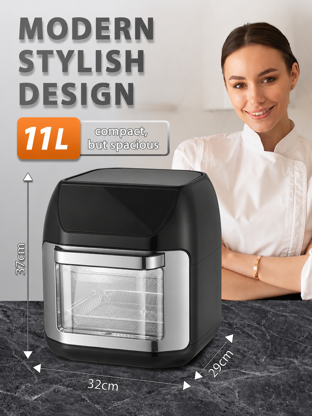 Electric air fryer, Xiaomi, new version with 2 heating elements, 2100 W, 11 L, touch display, black