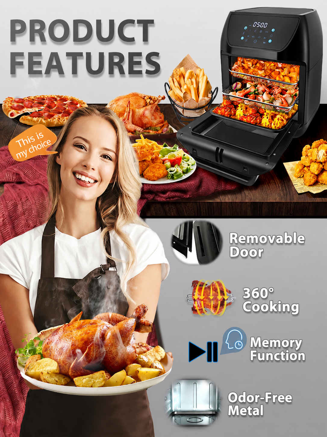 Electric air fryer, Xiaomi, new version with 2 heating elements, 2100 W, 11 L, touch display, black