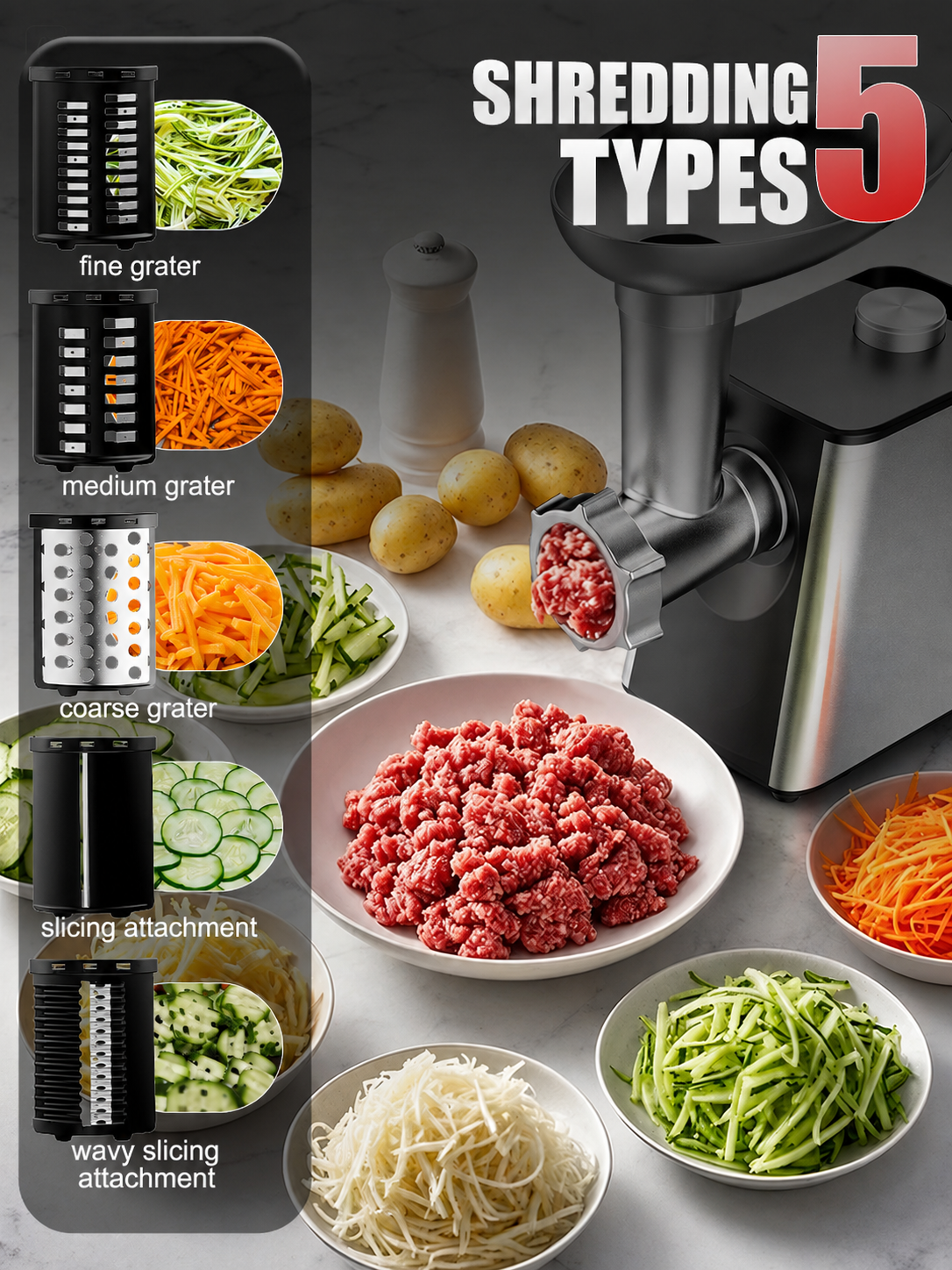 2-in-1 600W Meat Grinder with Slicer Attachments