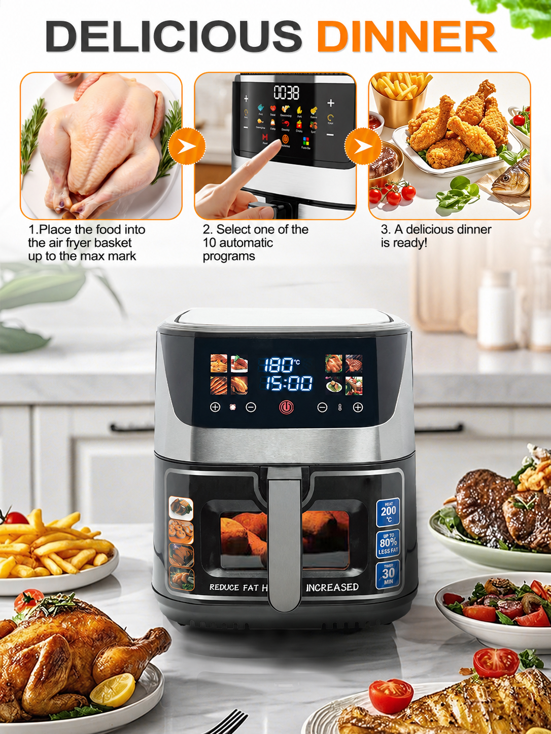 10L 2100W Air Fryer with Touch Screen and 8 Programs