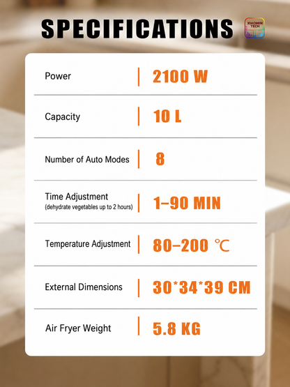 10L Electric Air Fryer Oven, 2100W Digital Touch Screen Air Fryer with Large Viewing Window