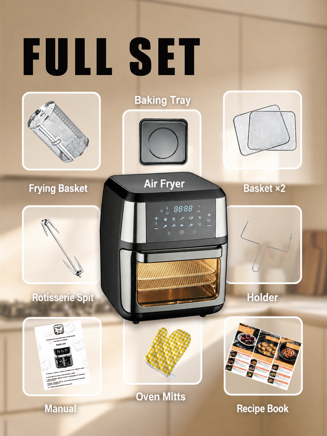 10L Electric Air Fryer Oven, 2100W Digital Touch Screen Air Fryer with Large Viewing Window